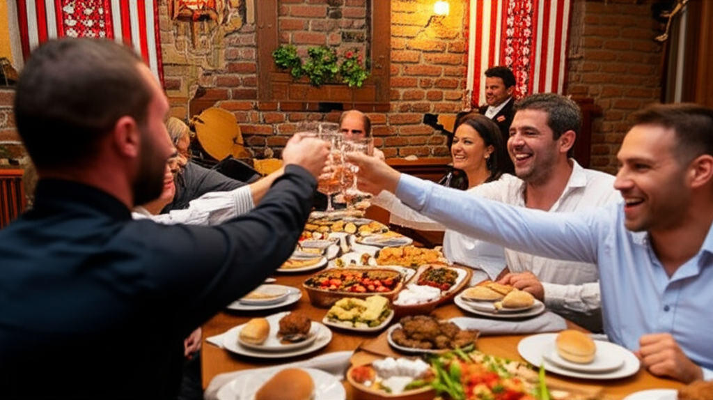 Balkan people dining in a festive atmosphere